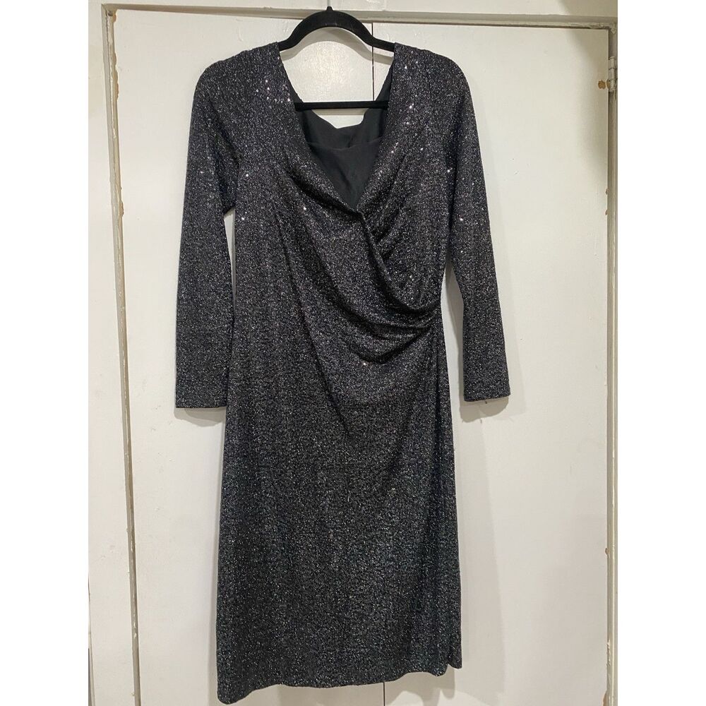 Carmen Marc Valvo Dress Sz 8 Black Silver Beaded Neck Sequin Cocktail Midi - Picture 5 of 12